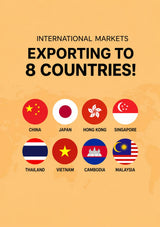 A promotional graphic with the text 'INTERNATIONAL MARKETS EXPORTING TO 8 COUNTRIES!' on a warm beige background, with eight country flags and country names shown below: China, Japan, Hong Kong, Singapore, Thailand, Vietnam, Cambodia, and Malaysia.