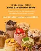 Shake Baby Protein advertisement with various protein shakes on a yellow background