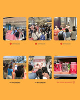 Collage of people shopping in a supermarket with 'Shinsegae' and 'Hyundai' logos.