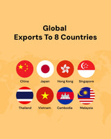 Flags of eight countries on a yellow background with text 'Global Exports To 8 Countries'.