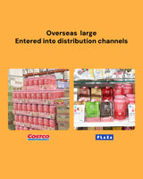 Two images showing stacks of pink containers and a display of products with Costco and Plaza logos on an orange background.