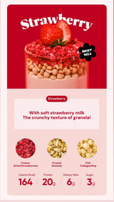 Strawberry-flavored product packaging with ingredients and nutritional information on a red and pink background.