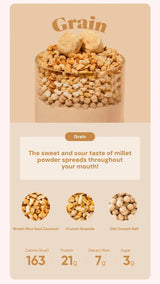 Product packaging with grain illustration and nutritional information on a beige background