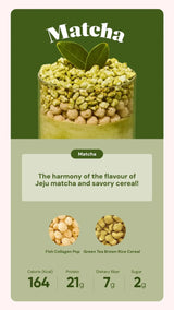 Matcha-flavored product packaging with text and nutritional information on a green background