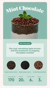 Product packaging for Mint Chocolate with text and graphics on a teal background