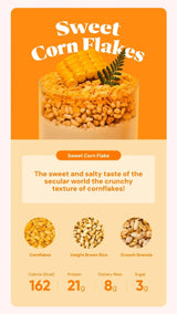 Product packaging for Sweet Corn Flakes with a visual of corn flakes and text on an orange background.