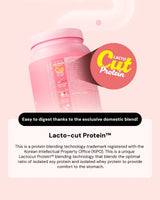 Pink protein container with 'Lacto-Cut Protein' branding on a light pink background
