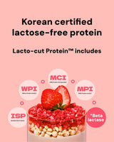 Korean certified lactose-free protein product with ingredients on a pink background