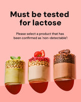 Three dessert jars with different toppings on a pink background, accompanied by text about lactose testing.