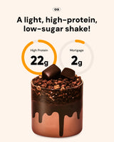 Chocolate shake with protein content information on a white background