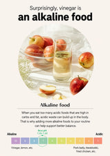 An informational graphic about vinegar being an alkaline food, featuring a central photo of apples and a glass of pale vinegar on a light background, with explanatory text and a color scale showing alkaline versus acidic foods.