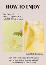 Instructional graphic titled 'HOW TO ENJOY' showing how to mix BBELY CLEANSE ACV with water, including a hand pouring the liquid into a glass and a close-up of a yellow drink with ice. Text advises starting with 1 stick a day and gradually increasing to up to 3 sticks a day.