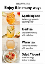 BBBELY CLEANSE beverage guide showing four ways to enjoy the drink: Sparkling ade, Iced tea, Warm tea, and Salad / Yogurt, each with a small photo of the drink and descriptive text on a white background.