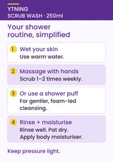 How to use YTNING Scrub Wash: wet skin, massage lightly with hands one to two times weekly or use a shower puff for gentler cleansing, rinse and moisturise.