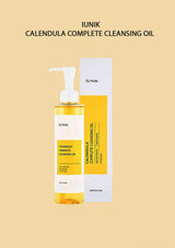 iUNIK Calendula Complete Cleansing Oil with pump bottle and packaging on beige background
