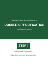 Green and white background with text about double air purification using plant-derived ingredients.