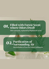 Product packaging with text about forest scent and air purification on a neutral background.