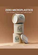 Stack of wooden containers with 'Zero Microplastics' text on a brown background