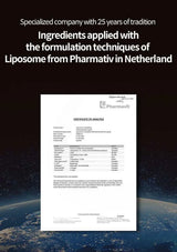 A white certificate of analysis document with Pharmavite branding is centered on a dark space-themed background with Earth visible below. Large white text at the top reads, 'Specialized company with 25 years of tradition Ingredients applied with the formulation techniques of Liposome from Pharmativ in Netherland.