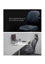 Ergonomic seat with text recommending A-HIP and A-BACK, and a chair with Aikoo branding.