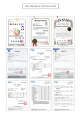 Collection of test reports and certifications on a white background