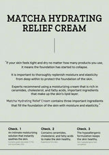 Advertisement for Matcha Hydrating Relief Cream with text on a light gray background