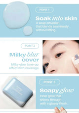 Product advertisement with text about a soap cushion and its effects on skin.