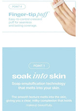 Product advertisement for a 'Finger-tip puff' with text about its features on a light blue background.