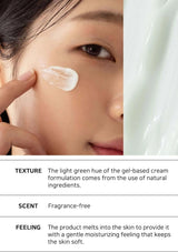 Person applying a gel-based cream to their face with product details below.