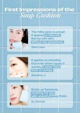 Product review collage with text and images of a woman using a soap cushion on a blue grid background.