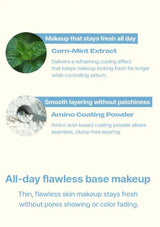 Product description card with corn-mint extract and amino coating powder for makeup.