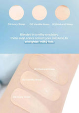 Three soap colors swatched on skin with text indicating 'Ivory Soap', 'Vanilla Soap', and 'Natural Soap'.