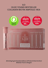 ILO Olive Young Collagen Biotin Ampoule packaging on a pink background with brand logos and product details.