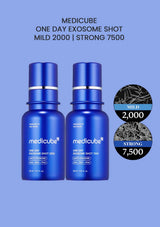 Two blue Medicube skincare bottles on a blue background with product details.