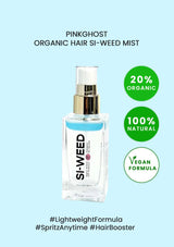 Si-Weed hair mist bottle with organic and natural features on a light blue background