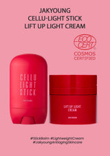 Jakyoung Cellu-Light Stick and Lift Up Light Cream on a pink background with EcoCert certification logo.