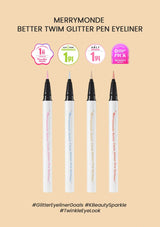 Four Merymonde Better Twim Glitter Pen Eyeliners on a beige background with product details and branding.