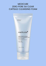 Tube of Medicube Zero Pore SA Clear Capsule Cleansing Foam on a light blue background