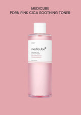 Medicube PDRN Pink Cica Soothing Toner bottle on a pink background