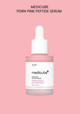 Medicube PDRN Pink Peptide Serum bottle on a pink background