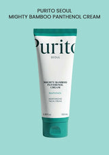 Purito Seoul Mighty Bamboo Panthenol Cream tube on a light blue background