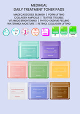 Mediheal daily treatment toner pads with product names and benefits on a light purple background