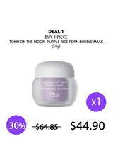 A product listing graphic for a Tokki on the Moon Purple Rice PDRN Bubble Mask jar, shown on a white background with promotional text, a 'DEAL 1' header, a '30%' discount badge, a '$44.90' price badge, and a 'x1' circle.