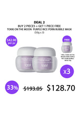 Promotional graphic for Tokki on the Moon Purple Rice PDRN Bubble Mask, showing two jars of the product with sale text, pricing, and a free additional mask offer on a white background.
