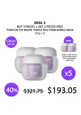 Promotional graphic for a Tokki on the Moon Purple Rice PDRN Bubble Mask bundle. The image shows three white cosmetic jars with lavender labels, with text offering 'DEAL 3: BUY 3 PIECES + GET 2 PIECES FREE' and pricing details.