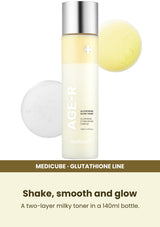 Medicube AGE-R Glutathione Glow Toner — Shake, smooth and glow. A two-layer milky toner in a 140ml bottle.