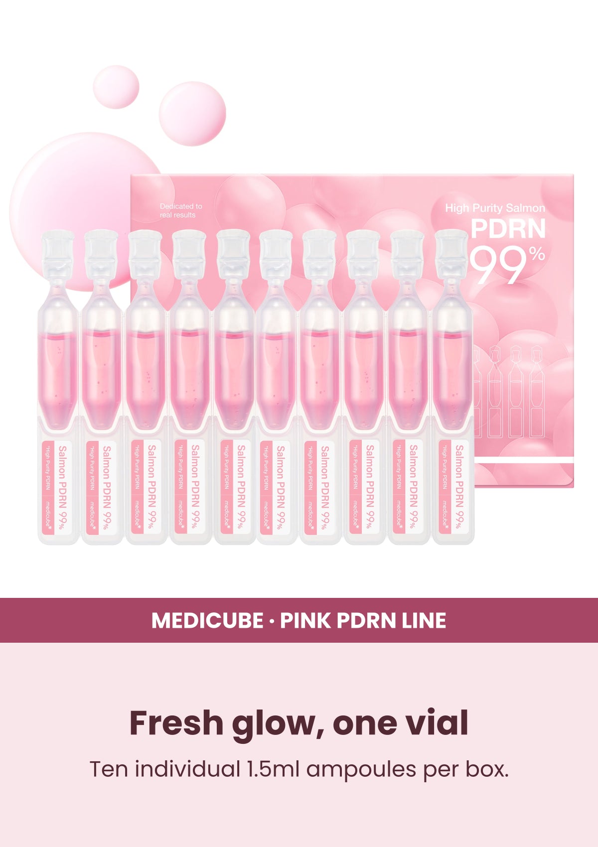 Medicube PDRN Pink One Day Serum — Fresh glow, one vial. Ten individual 1.5ml ampoules per box.