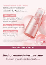 Medicube PDRN Pink Exosome Shot Serum — Hydration meets texture care. Collagen, hyaluronic acid and peptides.