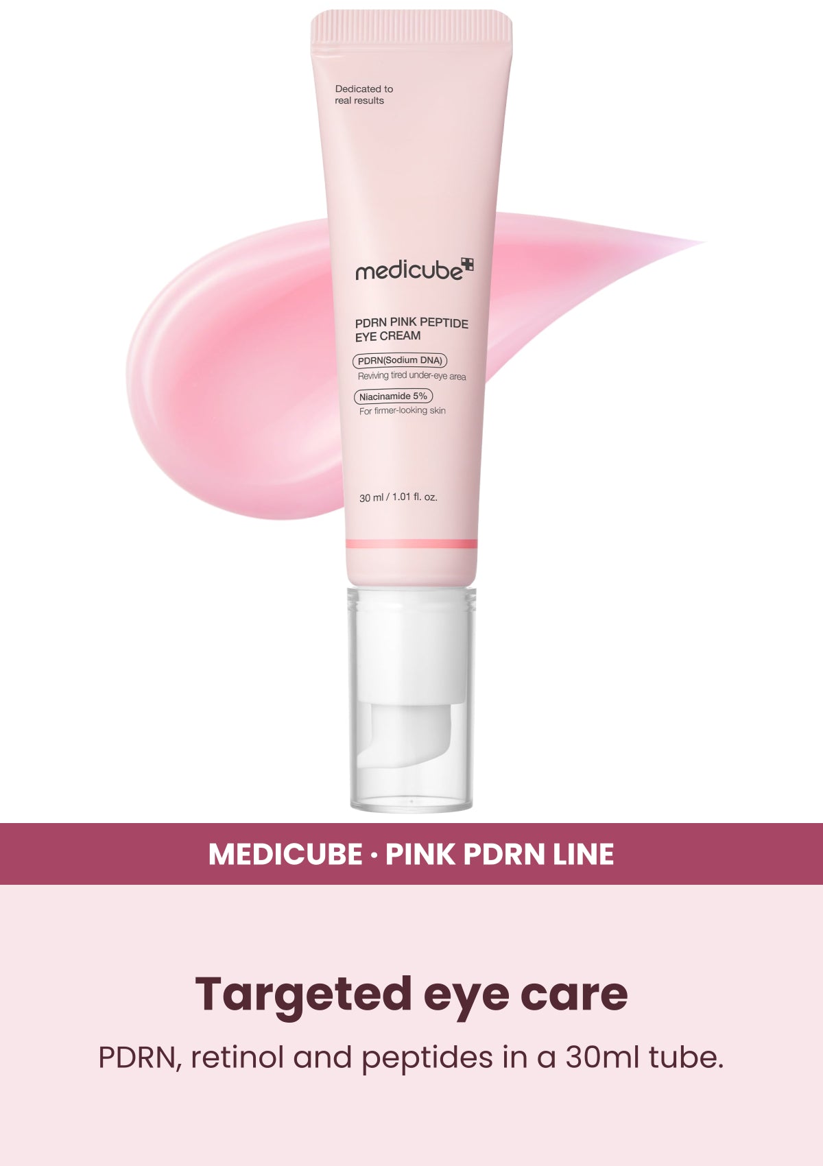 Medicube PDRN Pink Peptide Eye Cream — Targeted eye care. PDRN, retinol and peptides in a 30ml tube.