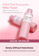 Medicube PDRN Pink Niacinamide Milky Toner — Dewy without heaviness. A light milky texture that absorbs comfortably.